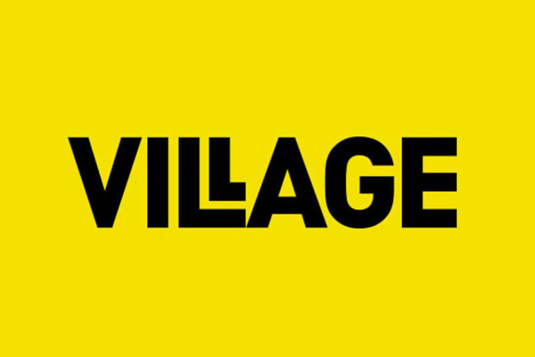 Black 'VILLAGE' text on bright yellow background, bold font emphasizing modern design concept.