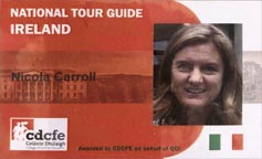 Ireland national tour guide ID card with photo and text, featuring Irish flag in the corner.