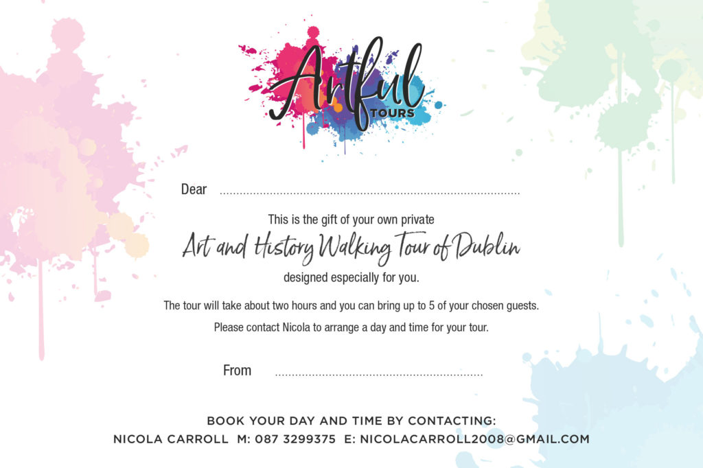 Gift certificate for a private Art and History Walking Tour of Dublin with contact details for booking.