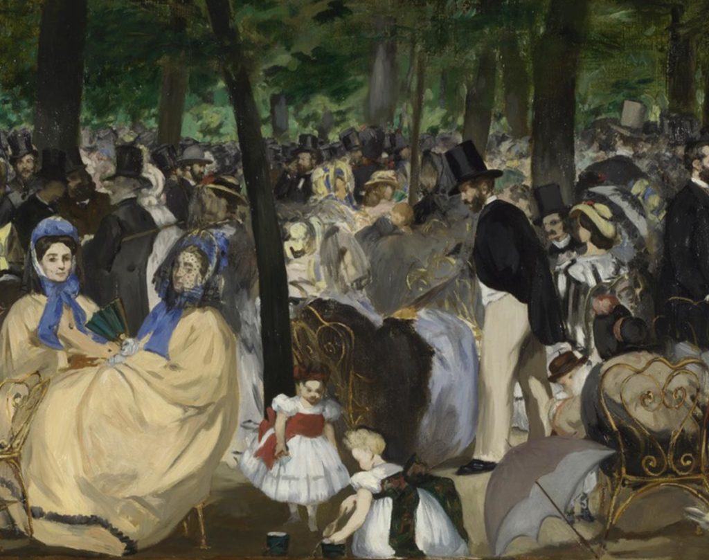 Painting of a lively 19th-century park scene with elegantly dressed people in hats socializing under trees.