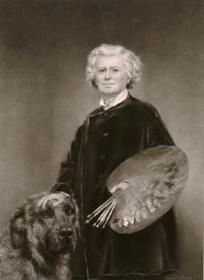 Elderly artist with painting palette and brushes, posing confidently alongside a large, fluffy dog. Vintage portrait photo.