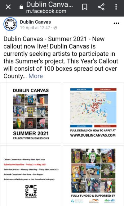 Dublin Canvas 2021 callout for artists, with map, artworks, and application details. Deadline: 21st May 2021.
