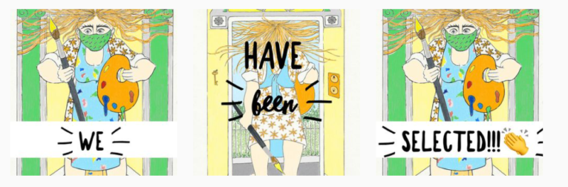 Artist with palette and brush excitedly announcing selection for an art event, wearing a mask and star-patterned dress.