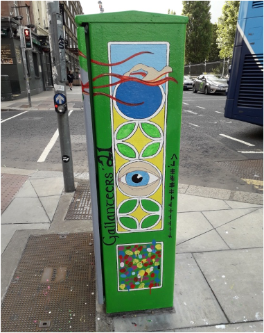 Colorful street art on utility box featuring abstract shapes, an eye, and hand in Dublin street intersection.