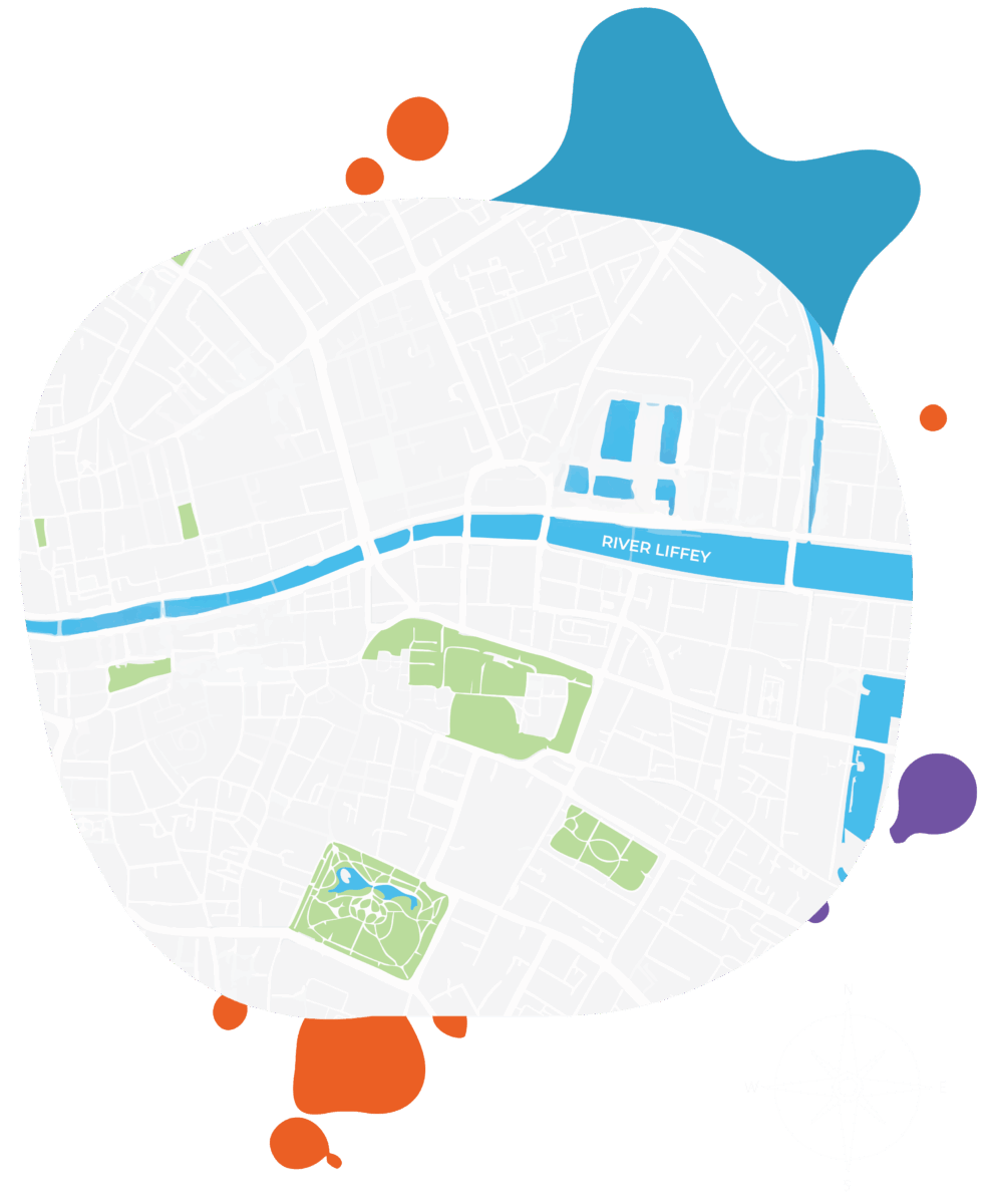 Stylized Dublin city map highlighting River Liffey and parks with colorful abstract shapes and compass.